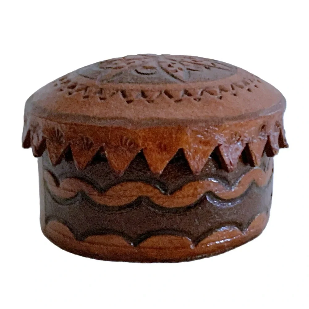 2 Leather Craft Trinket Storage Jewelry Boxes Vintage 1970s Handmade Mexico PAIR
